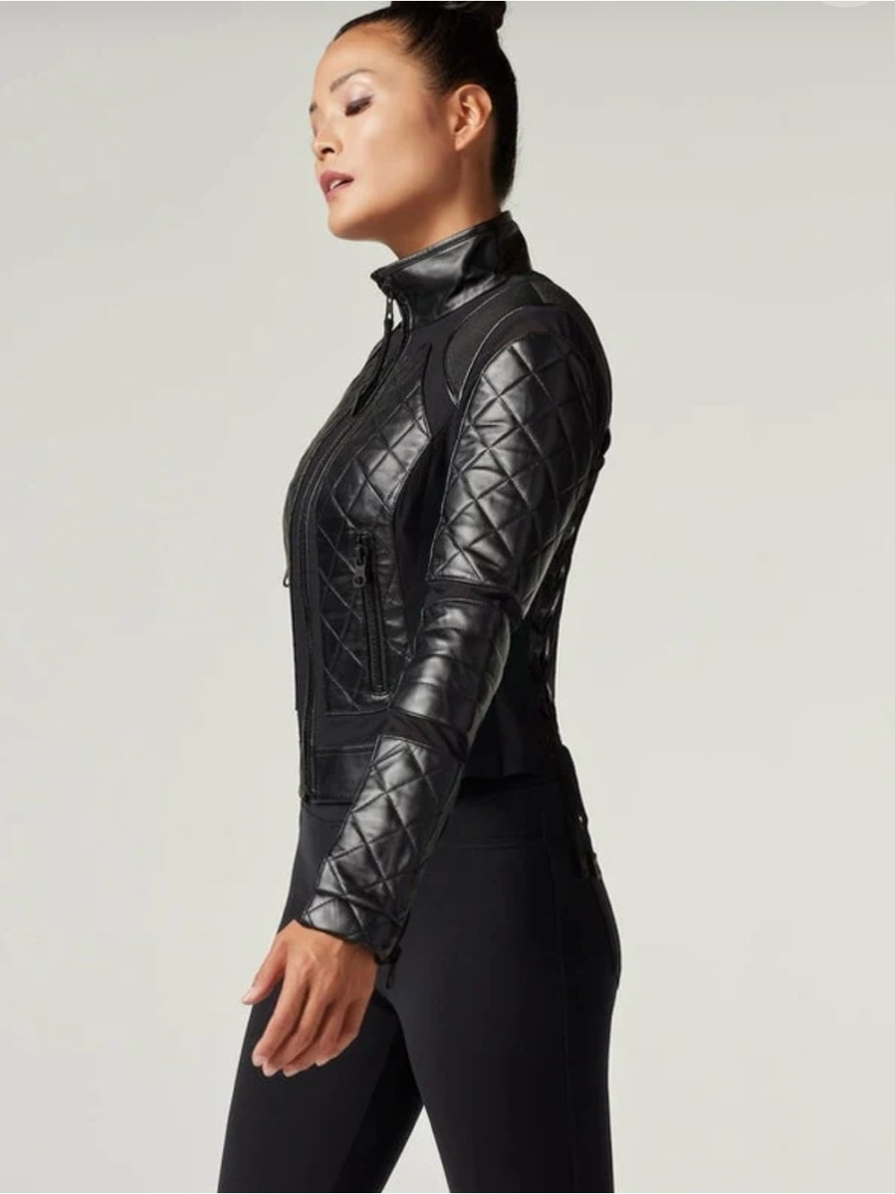 BLANC NOIR CLASSIC BLACK QUILTED GENUINE LEATHER MESH MOTO JACKET - Picture 3 of 12